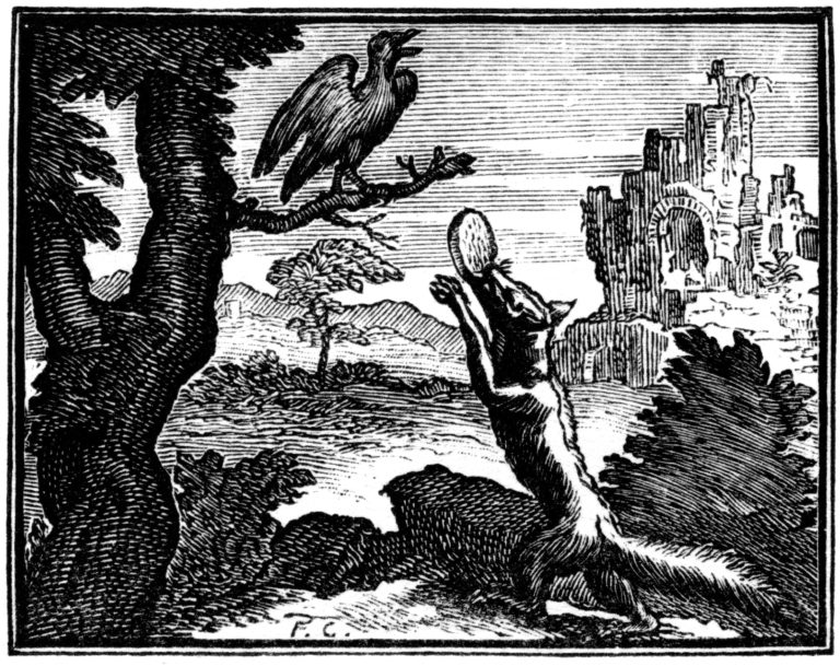 Le Corbeau et Le Renard de Jean de La Fontaine illustration par Chauveau