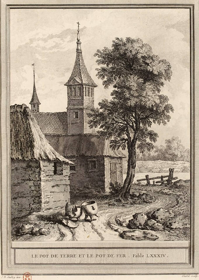Le Pot de Terre et Le Pot de Fer de Jean de La Fontaine gravure de Pierre Quentin Chedel d'après Jean-Baptiste Oudry
