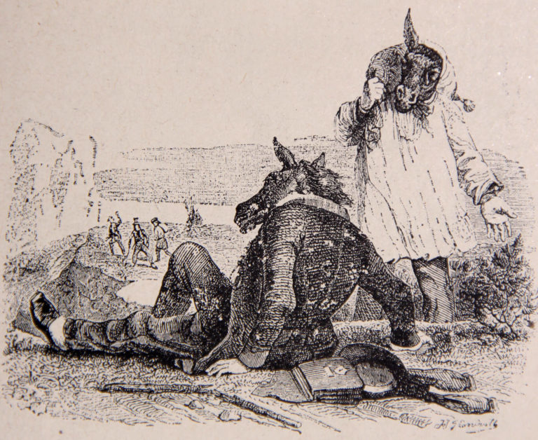 Les Deux Mulets de Jean de La Fontaine illustration par François Grandville