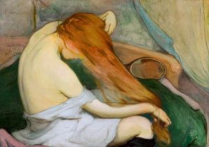 Je t'Adore à l'Égal de La Voûte Nocturne de Charles Baudelaire - Peinture de Wladyslaw Slewinski - Femme se Coiffant - 1897