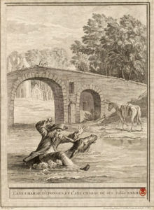 L'Âne Chargé d'Éponges et l'Âne Chargé de Sel de Jean de La Fontaine - Gravure par Pierre Chenu et Charles Nicolas Cochin d'après Jean-Baptiste Oudry - 1759