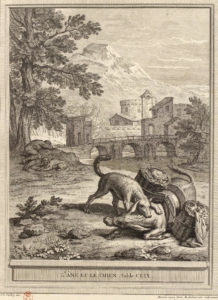 L'Âne et Le Chien de Jean de La Fontaine - Gravure par Martin Marvie et Michel Aubert d'après Jean-Baptiste Oudry - 1759