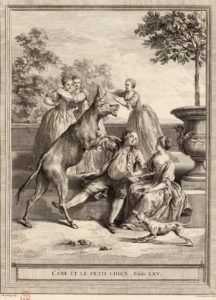 L'Âne et Le Petit Chien de Jean de La Fontaine - Gravure par Jacques Firmin Bauvarlet d'après Jean-Baptiste Oudry - 1759