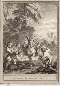 L'Âne Portant des Reliques de Jean de La Fontaine - Gravure par Laurent Cars d'après Jean-Baptiste Oudry - 1759