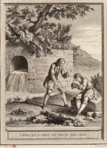 L'Avare qui a Perdu son Trésor de Jean de La Fontaine - Gravure par Jean-Charles Baquoy d'après un dessin de Jean-Baptiste Oudry - 1759