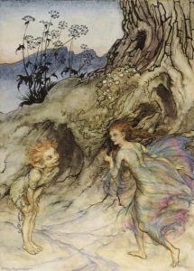 La Butte aux Elfes de Hans Christian Andersen - Peinture de Arthur Rackham - Illustration de Le Songe d'une Nuit d'Été