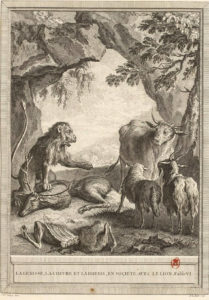 La Génisse, La Chèvre et La Brebis, en Société avec Le Lion de Jean de La Fontaine - Gravure de Pierre Etienne Moitte d'après illustration par Jean-Baptiste Oudry