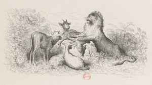 La Génisse, La Chèvre et La Brebis, en Société avec Le Lion de Jean de La Fontaine - Illustration par Gustave Doré