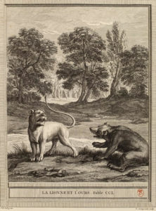 La Lionne et L'Ourse de Jean de La Fontaine - Gravure de Louis Simon Lempereur d'après illustration par Jean-Baptiste Oudry