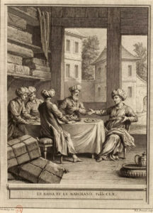 Le Bassa et Le Marchand de Jean de La Fontaine - Gravure par Benoit-Louis Prévost d'après un dessin de Jean-Baptiste Oudry - 1759