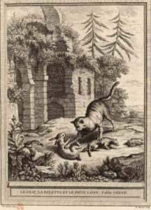 Le Chat, La Belette et Le Petit Lapin de Jean de La Fontaine - Gravure de Martin Marvie d'après illustration par Jean-Baptiste Oudry