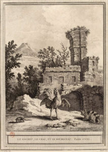 Le Cochet, Le Chat et Le Souriceau de Jean de La Fontaine - Gravure de Pierre Quentin Chedel d'après Jean-Baptiste Oudry