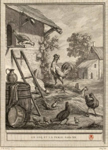 Le Coq et La Perle de Jean de La Fontaine - Gravure de Pierre Chenu d'après Jean-Baptiste Oudry