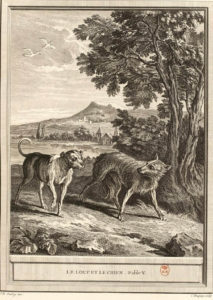 Le Loup et Le Chien de Jean de La Fontaine - Gravure de Jean Charles Baquoy d'après illustration par Jean-Baptiste Oudry