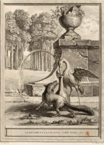 Le Renard et La Cigogne de Jean de La Fontaine - Gravure de Jean-Jacques Flipart d'après Jean-Baptiste Oudry