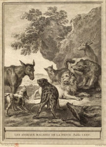 Les Animaux Malades de La Peste de Jean de La Fontaine - Gravure par Pierre Etienne Moitte d'après un dessin de Jean-Baptiste Oudry - 1759