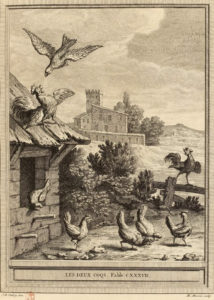 Les Deux Coqs de Jean de La Fontaine - Gravure de Martin Marvie d'après illustration de Jean-Baptiste Oudry