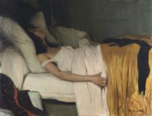 Femmes Damnées (À la pâle clarté...) de Charles Baudelaire dans Les Fleurs du Mal - Peinture de Santiago Rusinol - La morphine - 1894
