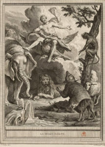 La Besace de Jean de La Fontaine dans Les Fables - Gravure par Étienne Fessart d'après un dessin de Jean-Baptiste Oudry - 1750