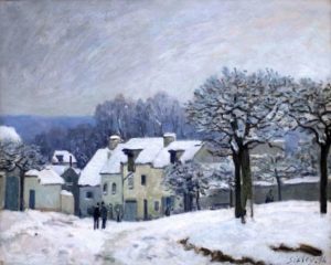 La Blanche Neige de Guillaume Apollinaire dans Alcools - Peinture de Alfred Sisley - La Place du Chenil à Marly, effet de neige - 1876