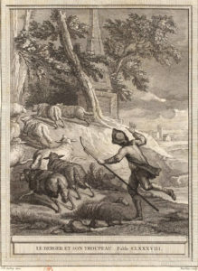 Le Berger et Son Troupeau de Jean de La Fontaine dans Les Fables - Gravure par Pierre-François Tardieu d'après un dessin de Jean-Baptiste Oudry - 1759