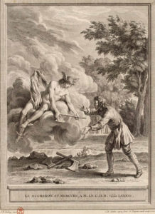 Le Bûcheron et Mercure de Jean de La Fontaine dans Les Fables - Gravure par Nicolas-Gabriel Dupuis et Charles-Nicolas Cochin d'après un dessin de Jean-Baptiste Oudry - 1759