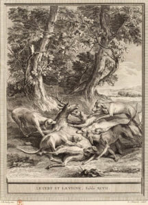 Le Cerf et La Vigne de Jean de La Fontaine dans Les Fables - Gravure par Louis Simon Lempereur d'après un dessin de Jean-Baptiste Oudry - 1759