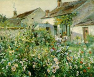 Je n'ai pas Oublié, Voisine de La Ville de Charles Baudelaire - Peinture - Maison blanche et femmes dans un jardin fleuri