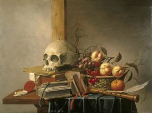L'Amour et Le Crâne de Charles Baudelaire dans Les Fleurs de Mal - Peinture de Harmen Steenwyck - Vanitas avec crâne, livres et fruits - 1630