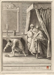 La Chatte Métamorphosée en Femme de Jean de La Fontaine dans Les Fables - Gravure par Pierre François Tardieu d'après un dessin de Jean-Baptiste Oudry - 1759