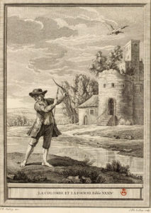 La Colombe et La Fourmi de Jean de La Fontaine dans Les Fables - Gravure par Jacques-Philippe Lebas d'après un dessin de Jean-Baptiste Oudry - 1759