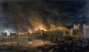 Le Brasier de Guillaume Apollinaire dans Alcools - Peinture anonyme - Grand incendie de Londre vue depuis un bateau à quai à Tower Wharf - 1675