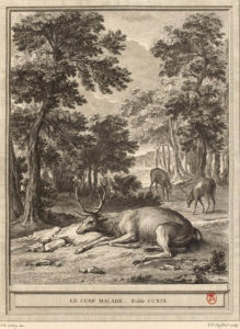 Le Cerf Malade de Jean de La Fontaine dans Les Fables - Gravure par Pierre-Philippe Coffard d'après un dessin de Jean-Baptiste Oudry - 1759