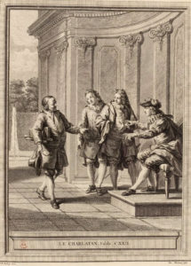 Le Charlatan de Jean de La Fontaine dans Les Fables - Gravure par Pieter Franciscus Martenisie d'après un dessin de Jean-Baptiste Oudry - 1759