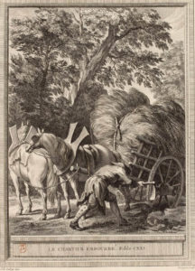 Le Chartier Embourbé de Jean de La Fontaine dans Les Fables - Gravure par Jacques Jean Pasquier d'après un dessin de Jean-Baptiste Oudry - 1759