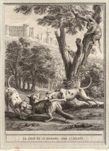 Le Chat et Le Renard de Jean de La Fontaine dans Les Fables - Gravure par Louis-Simon Lempereur d'après un dessin de Jean-Baptiste Oudry - 1759
