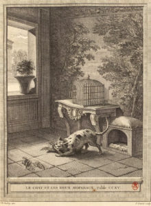 Le Chat et Les Deux Moineaux de Jean de La Fontaine dans Les Fables - Gravure par Pierre Jacques Duret d'après un dessin de Jean-Baptiste Oudry - 1759