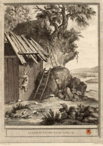 Le Chat et Un Vieux Rat de Jean de La Fontaine dans Les Fables - Gravure par J H Rode d'après un dessin de Jean-Baptiste Oudry - 1759