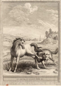 Le Cheval et Le Loup de Jean de La Fontaine dans Les Fables - Gravure par Johann Christoph Teucher d'après un dessin de Jean-Baptiste Oudry - 1759