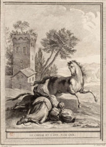 Le Cheval et l'Âne de Jean de La Fontaine dans Les Fables - Gravure par Pierre Chenu d'après un dessin de Jean-Baptiste Oudry - 1759