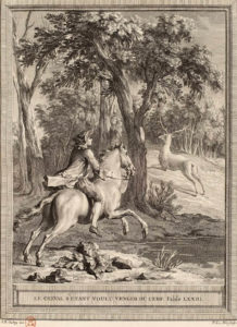 Le Cheval s'Étant Voulu Venger du Cerf de Jean de La Fontaine dans Les Fables - Gravure par Noël Le Mire d'après un dessin de Jean-Baptiste Oudry - 1759