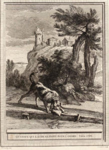 Le Chien Qui Lâche Sa Proie Pour l'Ombre de Jean de La Fontaine dans Les Fables - Gravure par Jean Ouvrier d'après un dessin de Jean-Baptiste Oudry - 1759