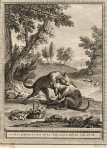 Le Chien qui Porte à Son Cou Le Dîné de Son Maître de Jean de La Fontaine dans Les Fables - Gravure par Martin Marvie d'après un dessin de Jean-Baptiste Oudry - 1759