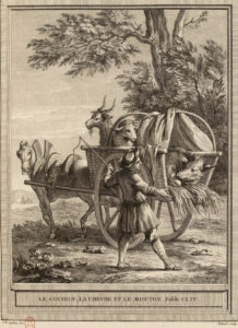 Le Cochon, La Chèvre et Le Mouton de Jean de La Fontaine dans Les Fables - Gravure par Ryland d'après un dessin de Jean-Baptiste Oudry - 1759