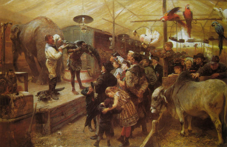 Baraques de La Foire de Victor Hugo dans Les Contemplations - Peinture de Paul Friedrich Meyerheim - Dans la baraque aux animaux - 1894