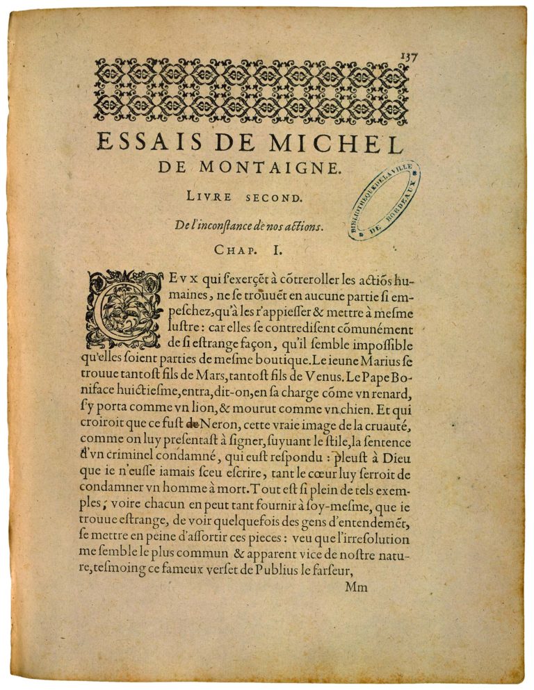 De l’inconstance de nos actions de Michel de Montaigne - Essais - Livre 2 Chapitre 1 - Édition de Bordeaux - 001
