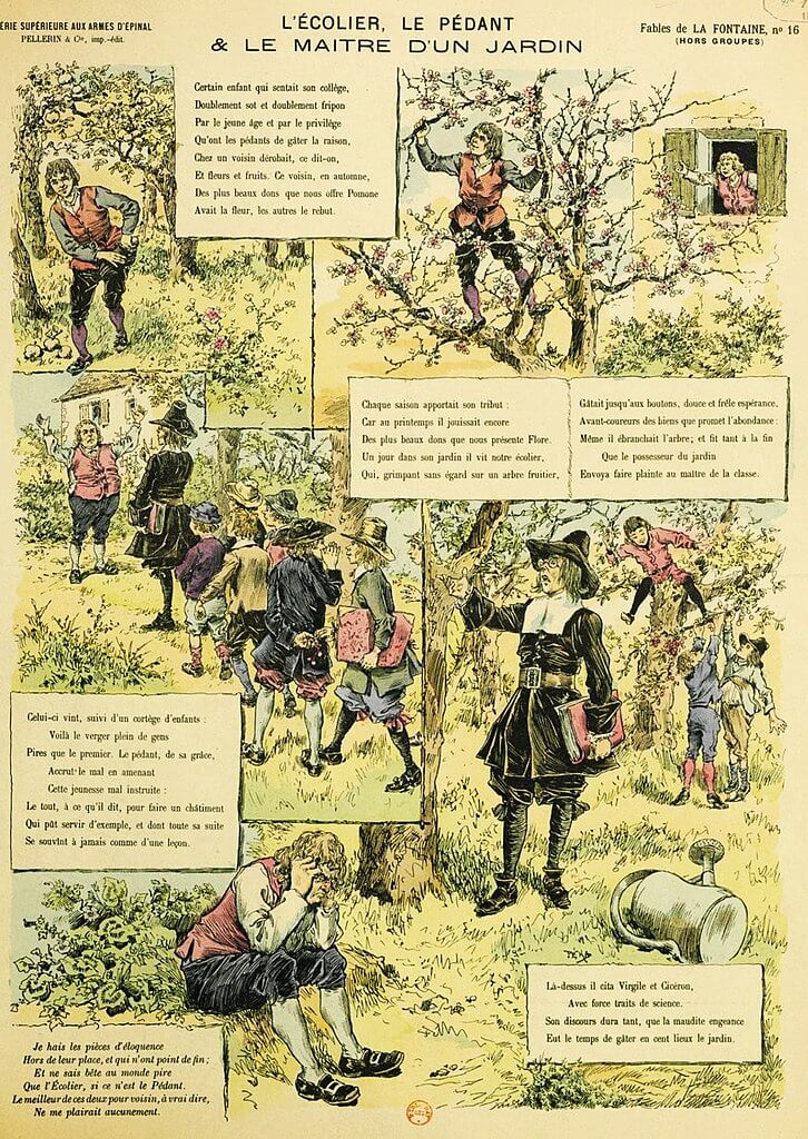 L'Écolier, Le Pédant et Le Maître d'Un Jardin de Jean de La Fontaine dans Les Fables - Estampe par Paul Kauffman - 1895