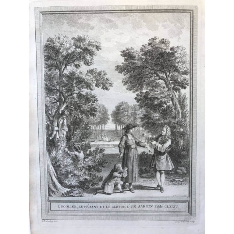 L'Écolier, Le Pédant et Le Maître d'Un Jardin de Jean de La Fontaine dans Les Fables - Gravure d'après un dessin de Jean-Baptiste Oudry - 1759
