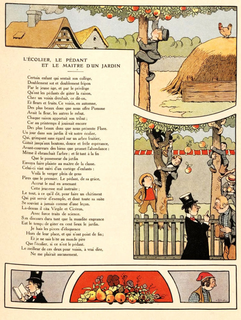 L'Écolier, Le Pédant et Le Maître d'Un Jardin de Jean de La Fontaine dans Les Fables - Illustration de Benjamin Rabier - 1906
