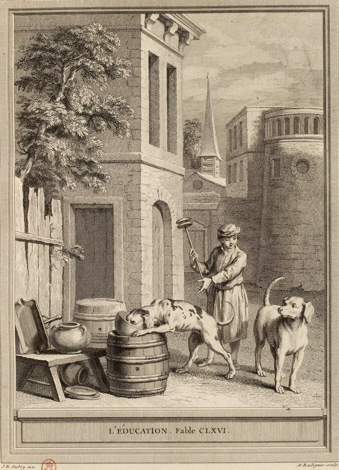 L'Éducation de Jean de La Fontaine dans Les Fables - Gravure par Antoine Raduigues d'après un dessin de Jean-Baptiste Oudry - 1759